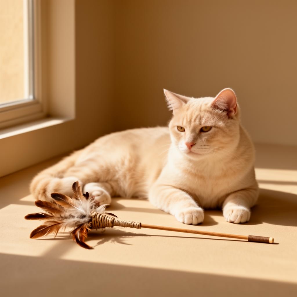 A cream cat lounging beside a feather wand toy