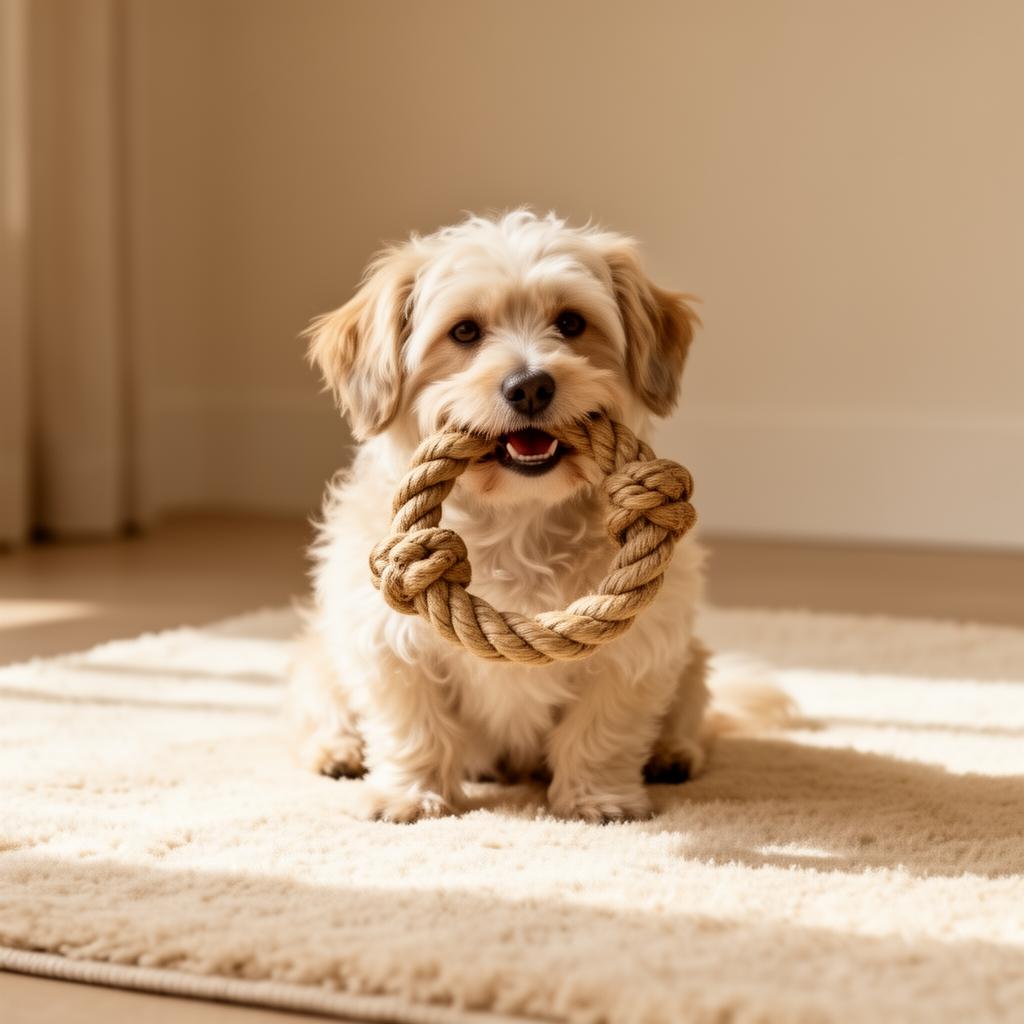 A small fluffy dog holding a rope toy